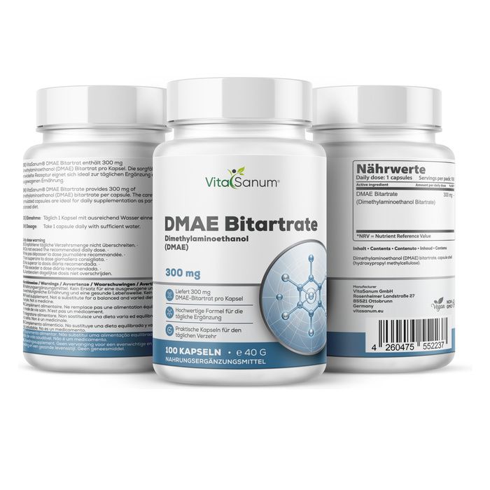 Trois flacons de VitaSanum DMAE Bitartrate gélules, 300 mg, 100 gélules par flacon.