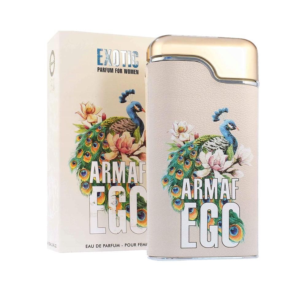 Flacon de parfum et emballage. Flacon beige avec bouchon doré, illustration de paon. Emballage avec logo et texte.