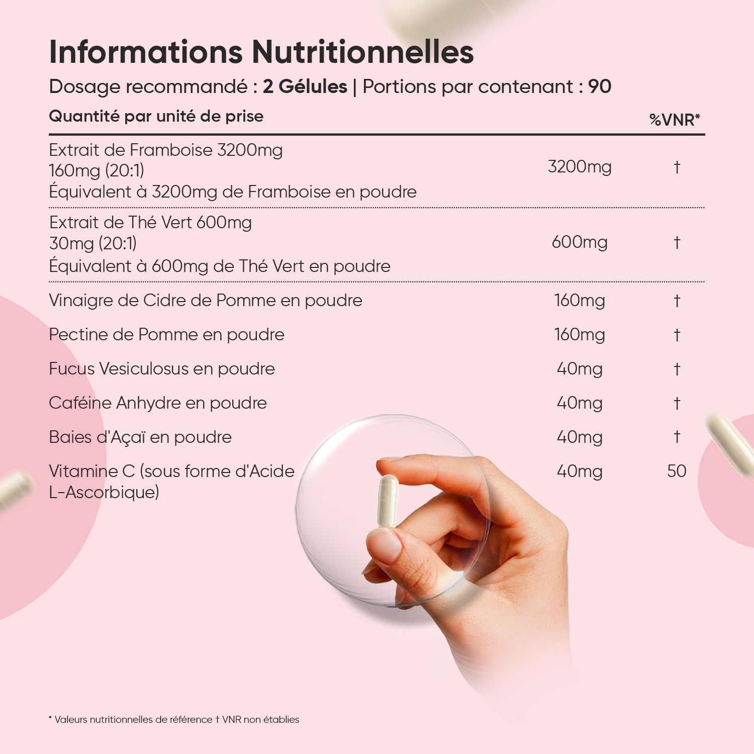 Bouteille Cétones de Framboise Plus avec liste d'ingrédients : extrait de framboise, thé vert, vinaigre de cidre, Fucus Vesiculosus, caféine, Acai, Vitamine C.
