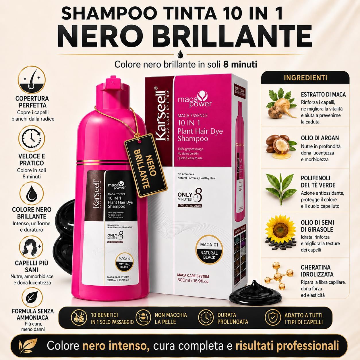 KARSEELL Shampooing Colorant Noir – Couverture rapide des Cheveux Blancs