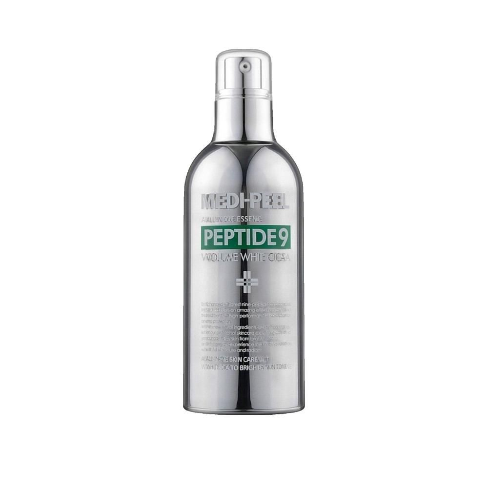 Zilveren fles met sproeikop. Opschrift: MEDI-PEEL, PEPTIDE 9, Volume White Cica. Groene tekst.