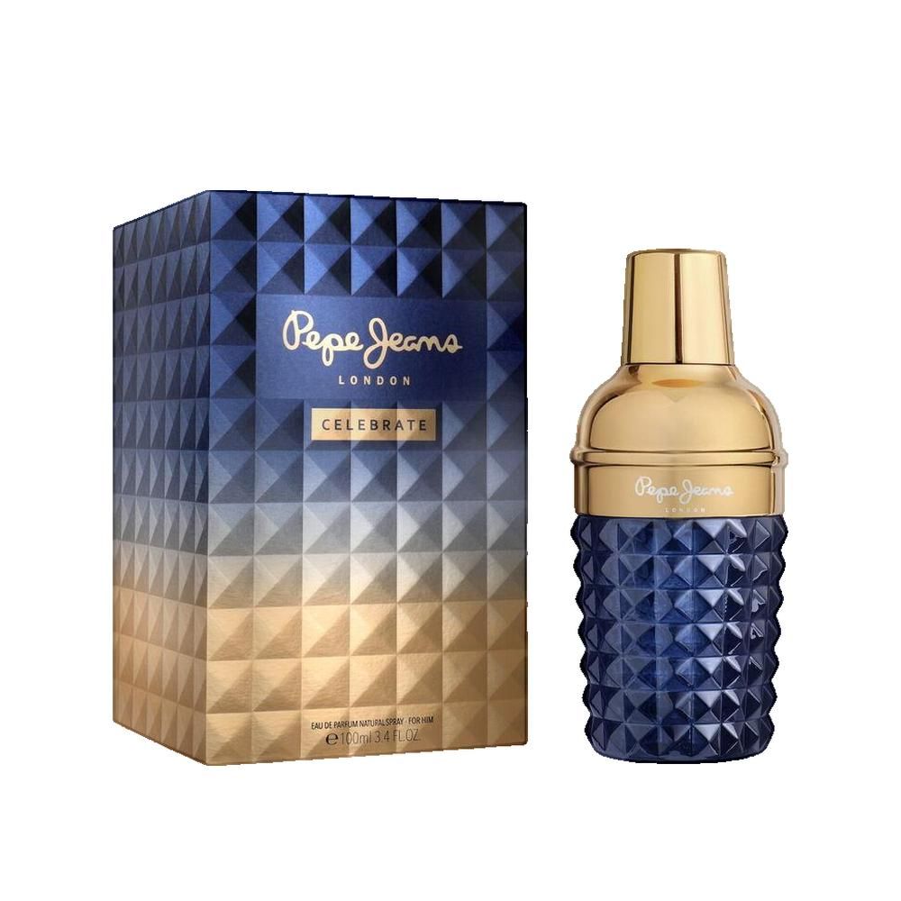 Parfumfles en verpakking. Fles blauw met gouden dop. Verpakking blauw-goud met logo "Pepe Jeans".