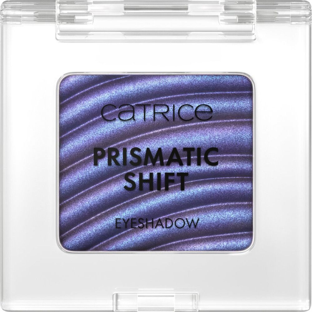 Palette d'ombres à paupières carrée dans un emballage transparent. Sur la palette, on peut lire 'CATRICE PRISMATIC SHIFT EYESHADOW'.