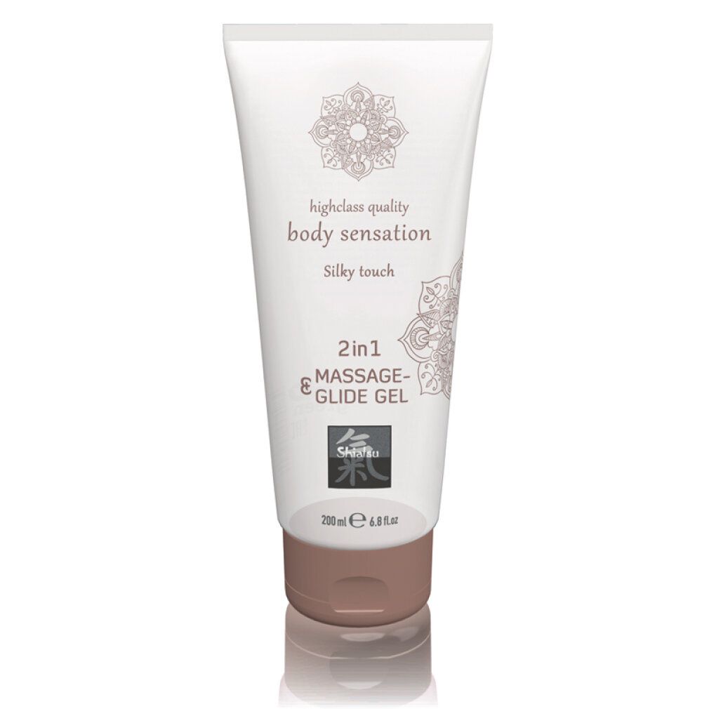 Gel de massage et de glisse 2 en 1, toucher soyeux, tube 200ml, gros plan.