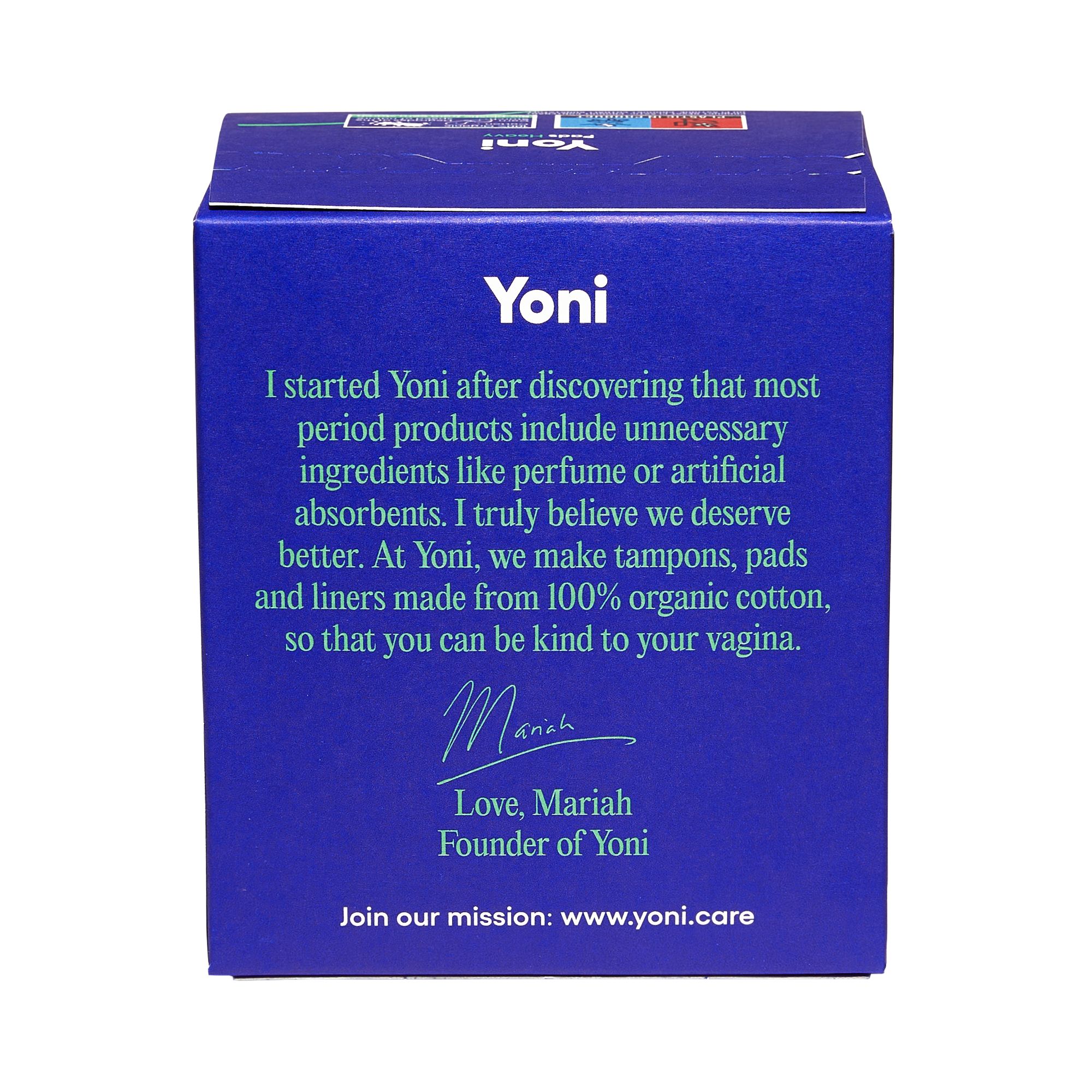 Dos d'une boîte bleue. Texte sur Yoni et la fondatrice Mariah. Adresse du site web.