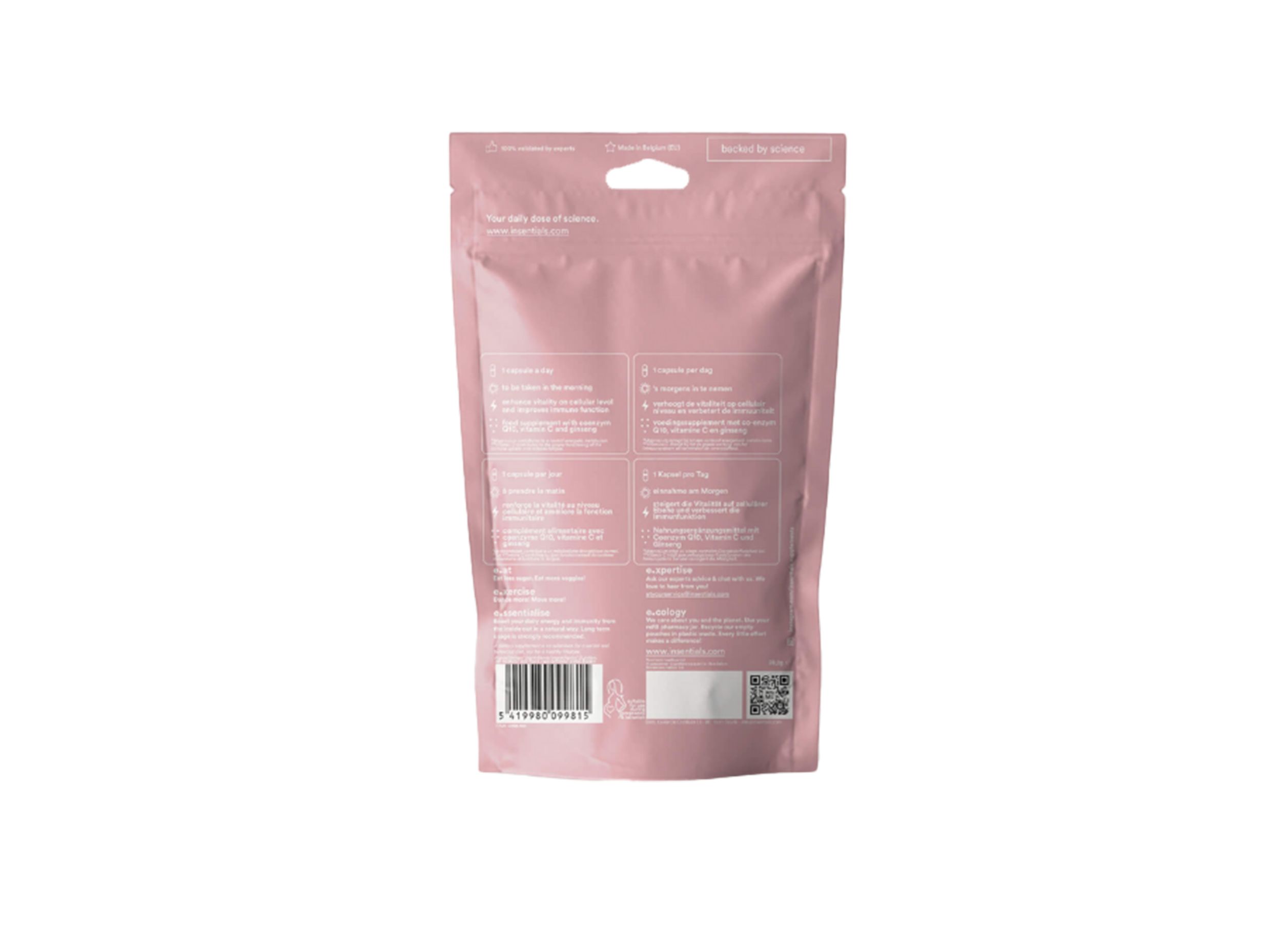 Dos d'un sachet rose. Texte et code-barres. Inscription "Insentials".