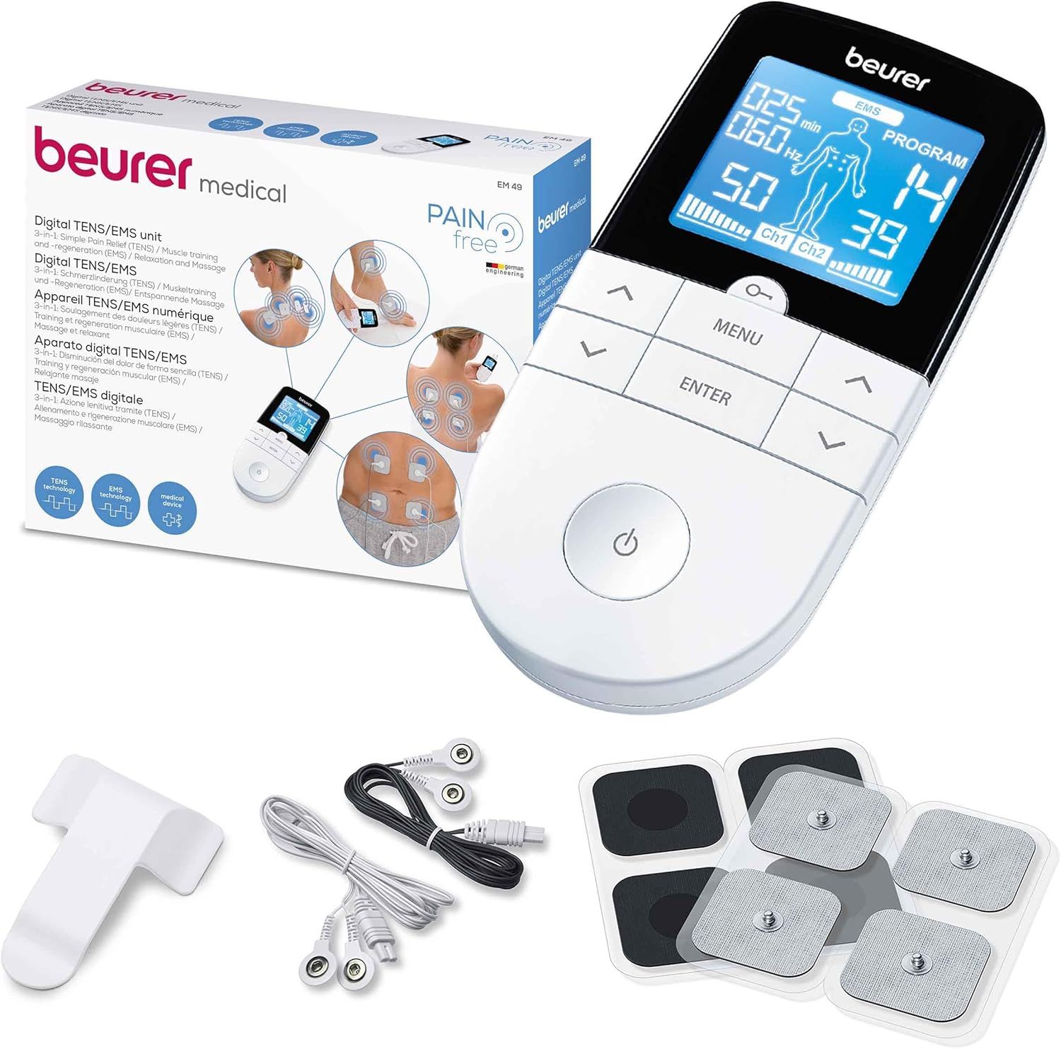 Appareil, emballage et accessoires. Texte: Digital TENS/EMS unit. Marque: beurer medical. Contient électrodes, câbles.
