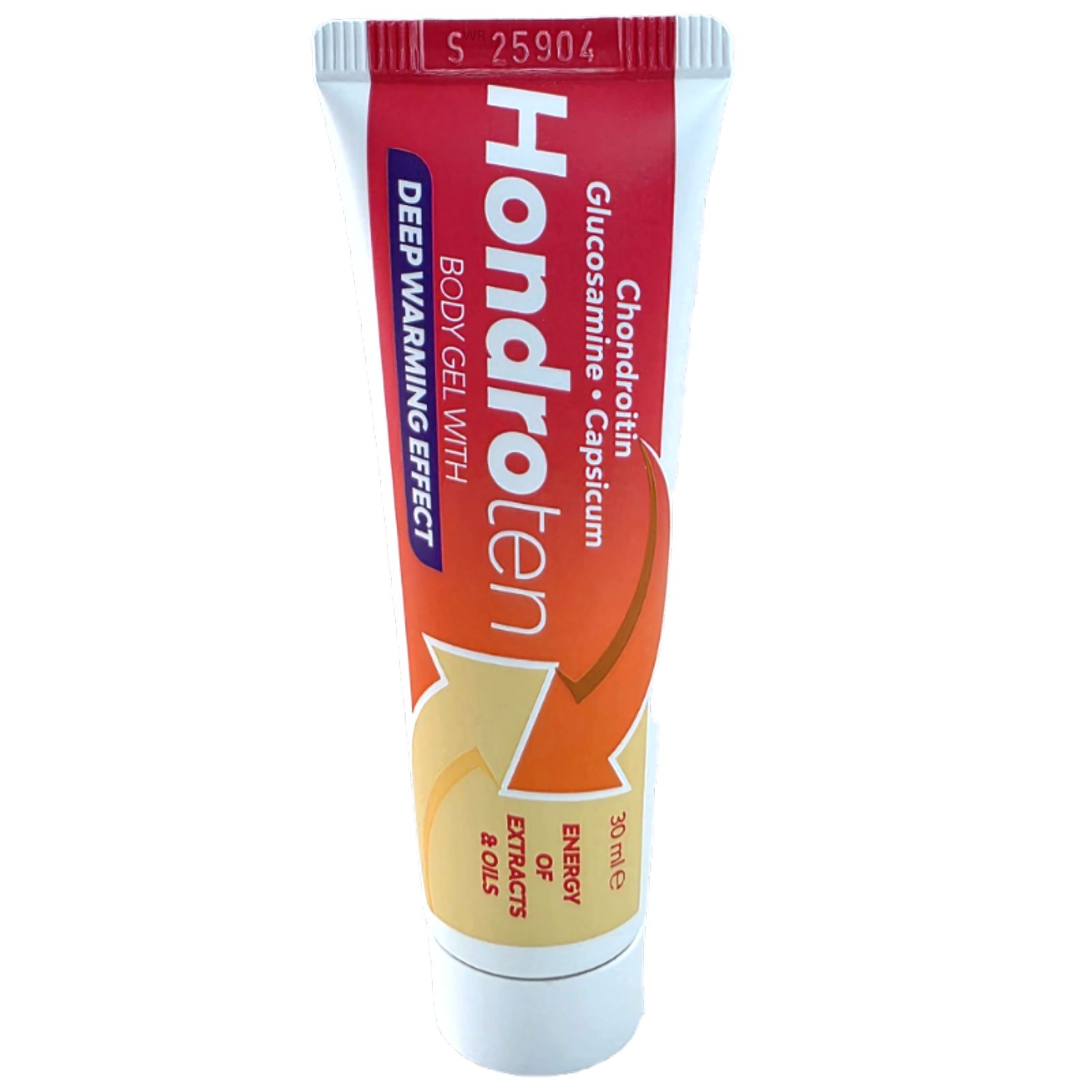 Tube Hondroten. Contient chondroïtine, glucosamine, capsicum. Design orange et blanc. 30 ml.