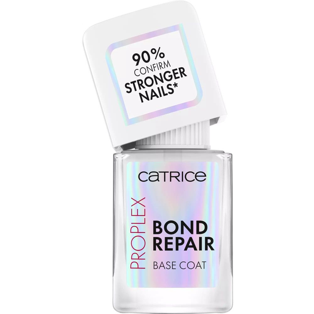Catrice Bond Repair Base Coat. Fles met open dop. Tekst: 90% confirm stronger nails. Naam en merk zichtbaar.