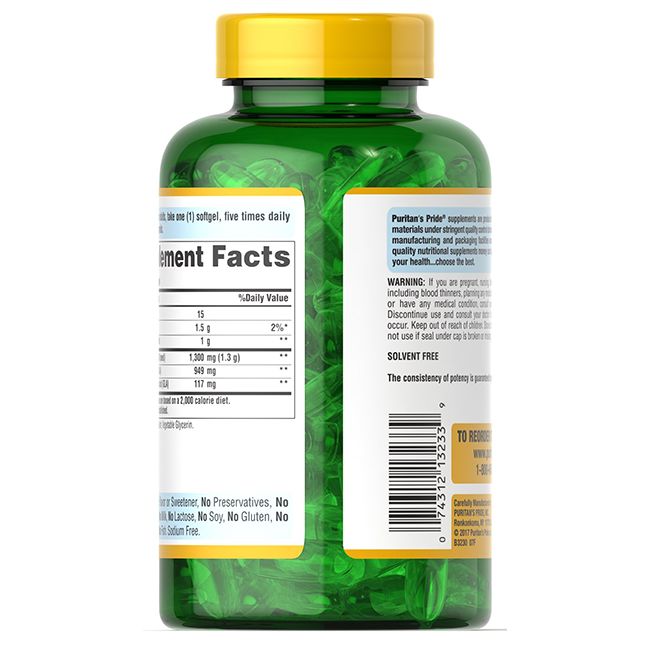 Flacon vert avec gélules. Étiquette avec informations nutritionnelles et code-barres. Bouchon jaune.