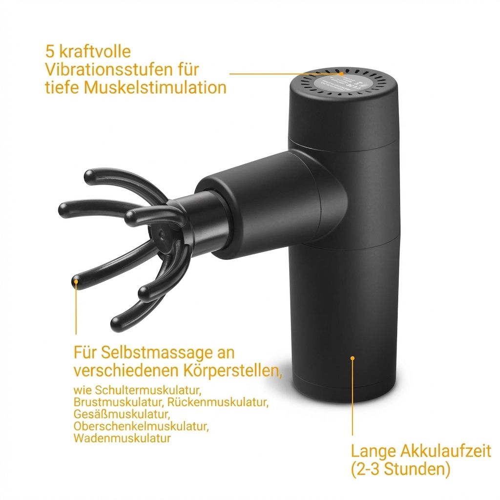 Zwart massagepistool met vinger-opzetstuk, toont 5 vibratieniveaus en batterijduur.