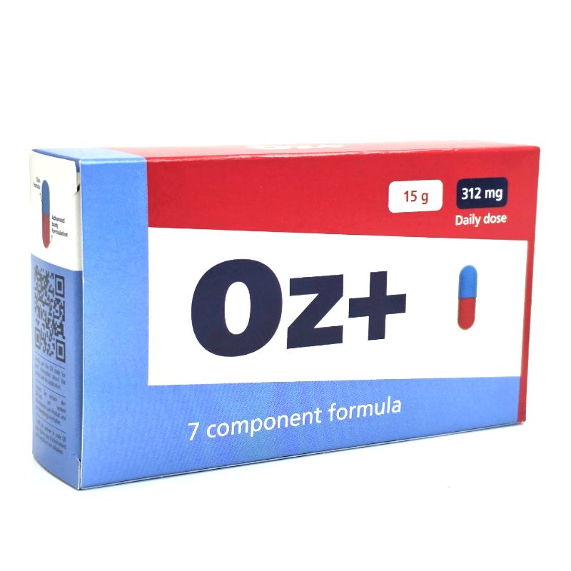 Verpakking van Oz+ met 15g en 312mg dagelijkse dosis. Bevat een 7-componentenformule.