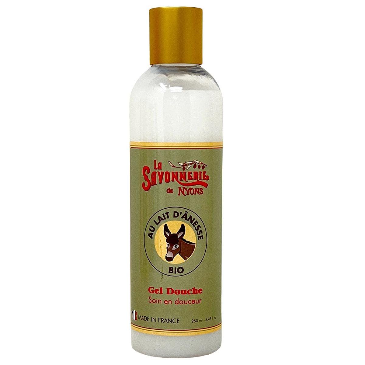 Flacon de gel douche avec bouchon doré. Étiquette avec logo et texte "Au Lait d'Anesse Bio".
