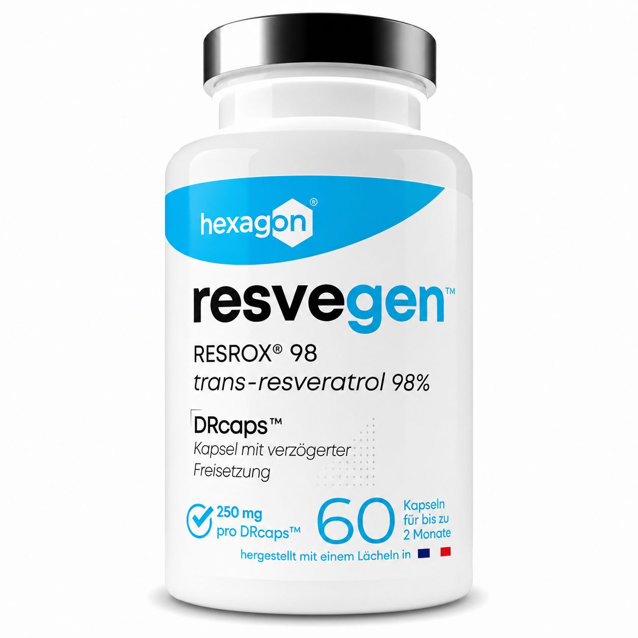 Capsule Hexagon Resveratrol : 60 capsules, 250 mg par DRcaps, libération prolongée.