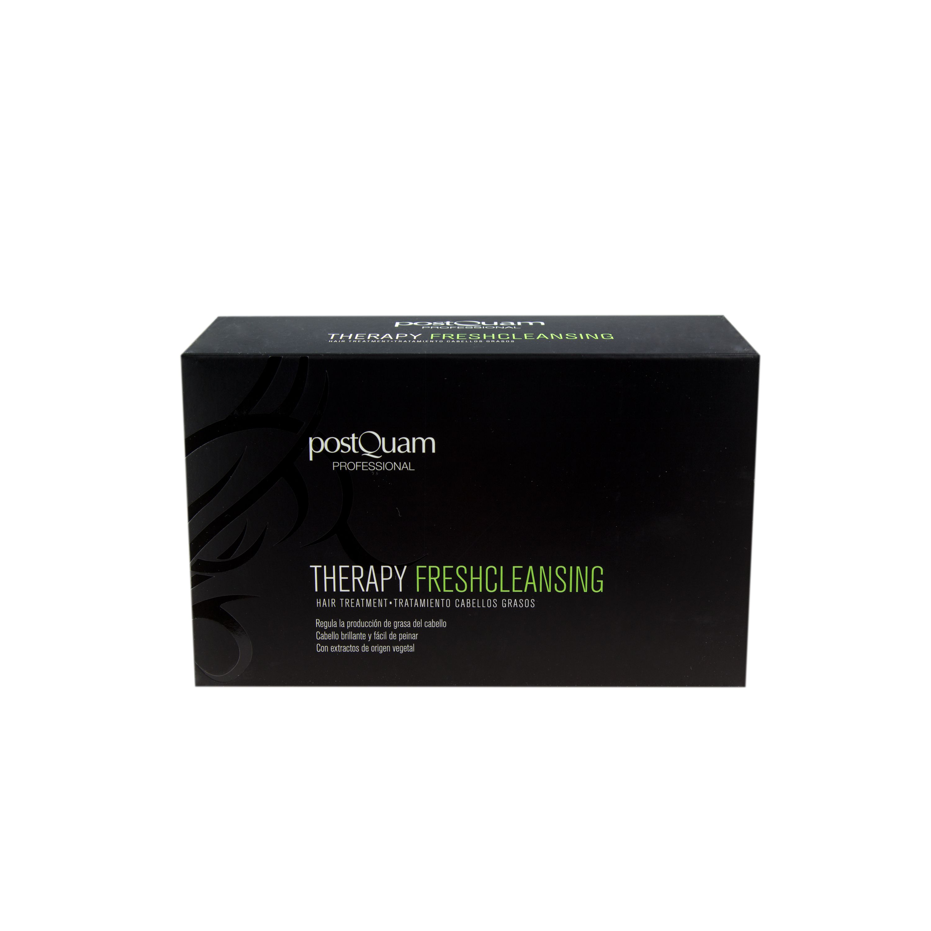 Zwarte productverpakking met witte tekst. Opschrift: Therapy Fresh Cleansing. Merk: PostQuam Professional.