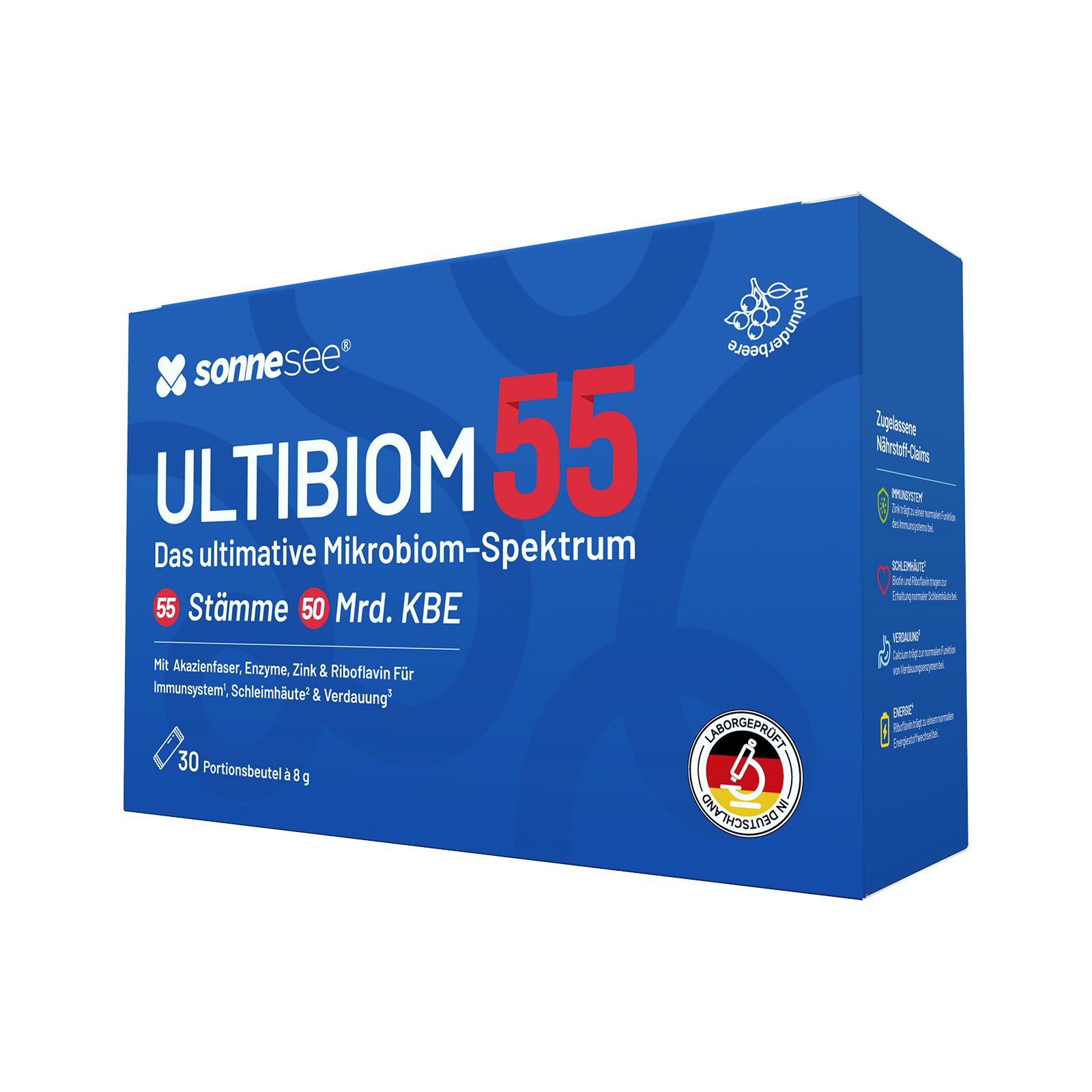 SonneSee ULTIBIOM 55 Poeder: Blauwe verpakking met productinformatie en 30 portiezakjes.