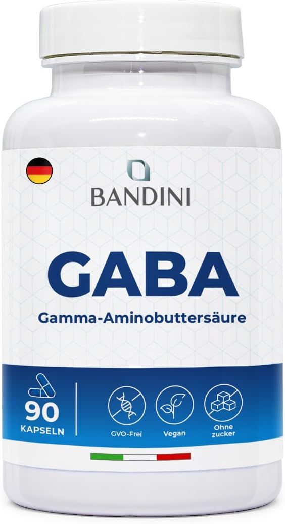 Witte fles GABA capsules. Opschrift: Bandini, GABA, 90 capsules. GGO-vrij, veganistisch, zonder suiker.