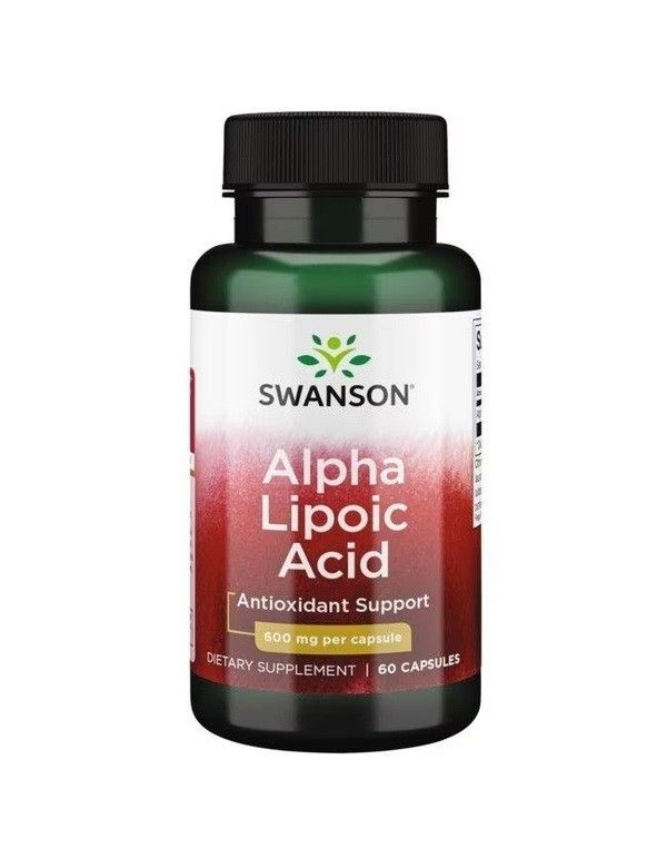 Groene fles Swanson Alfa-Liponzuur, 60 capsules, 600 mg per capsule.
