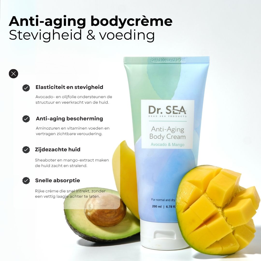 Crèmetube, avocado, mango en tekst. Opschrift: Dr. SEA, Anti-Aging Body Cream, Avocado & Mango. Voor normale en droge huid.