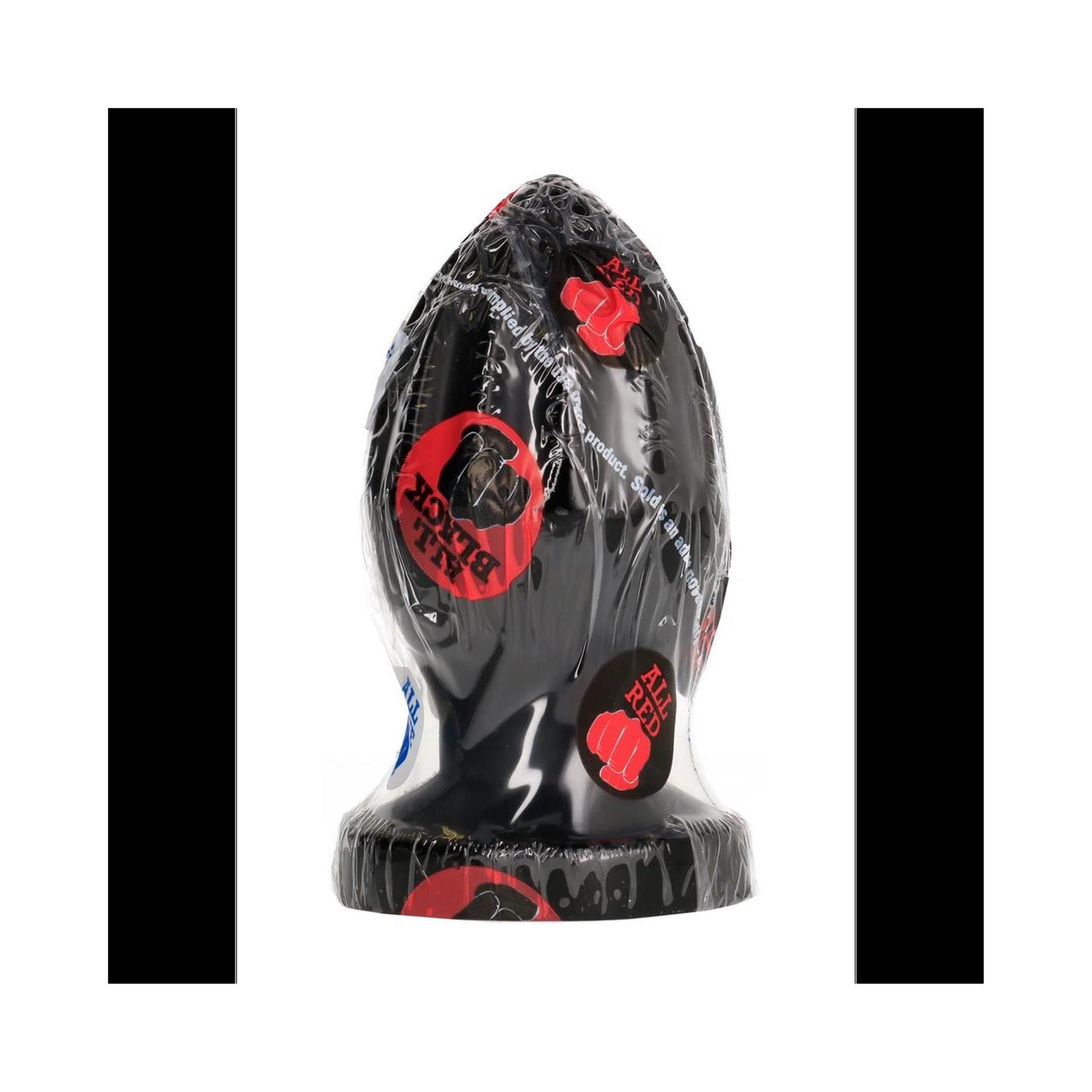 Buttplug noir dans son emballage avec des autocollants rouges "All Black".