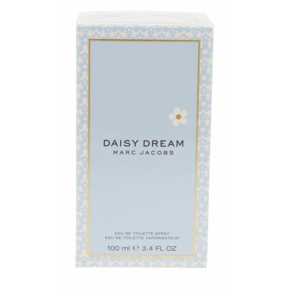 Emballage bleu clair avec inscription: DAISY DREAM MARC JACOBS. Motif floral et cadre doré.