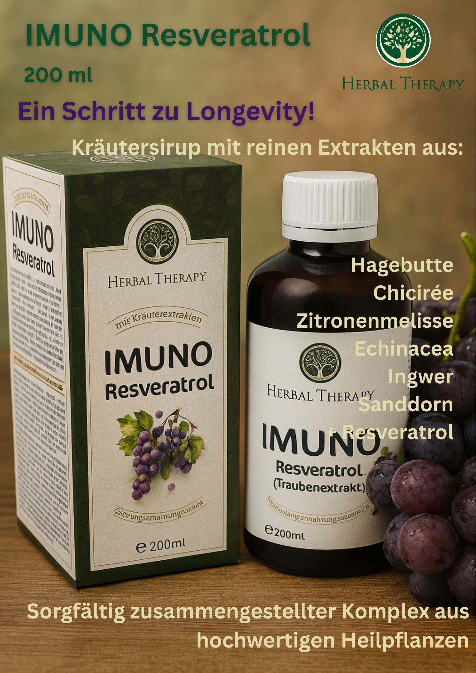 Reclamebeeld. Fles en doos. Tekst: IMUNO Resveratrol, Herbal Therapy. Kruidensiroop met extracten.