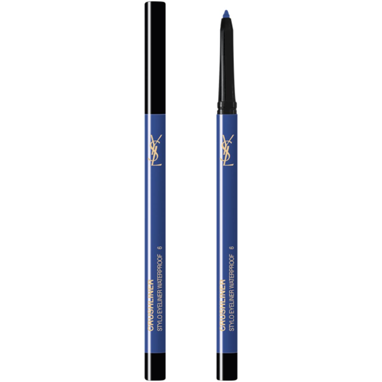 Crayon Yves Saint Laurent Crushliner Stylo WP bleu. Capuchon noir. Logo et texte dorés.
