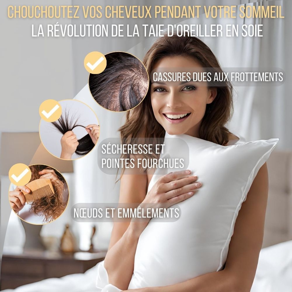 Femme avec oreiller. Texte et graphiques. Texte : « Sublimez votre peau pendant votre sommeil ». Taie d'oreiller en soie.