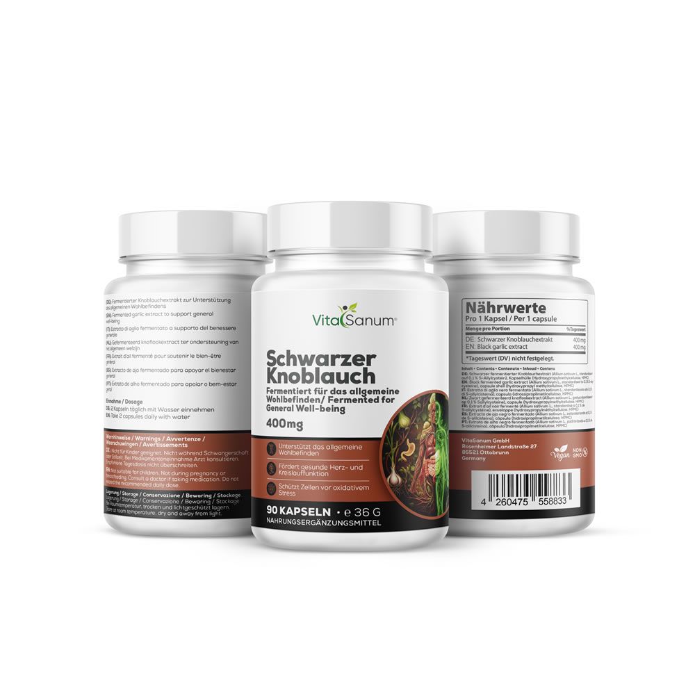 Drie flessen met etiket « Schwarzer Knoblauch ». Tekst: VitaSanum, 400mg, 90 capsules, voedingssupplement. Achterkant met voedingswaarde.