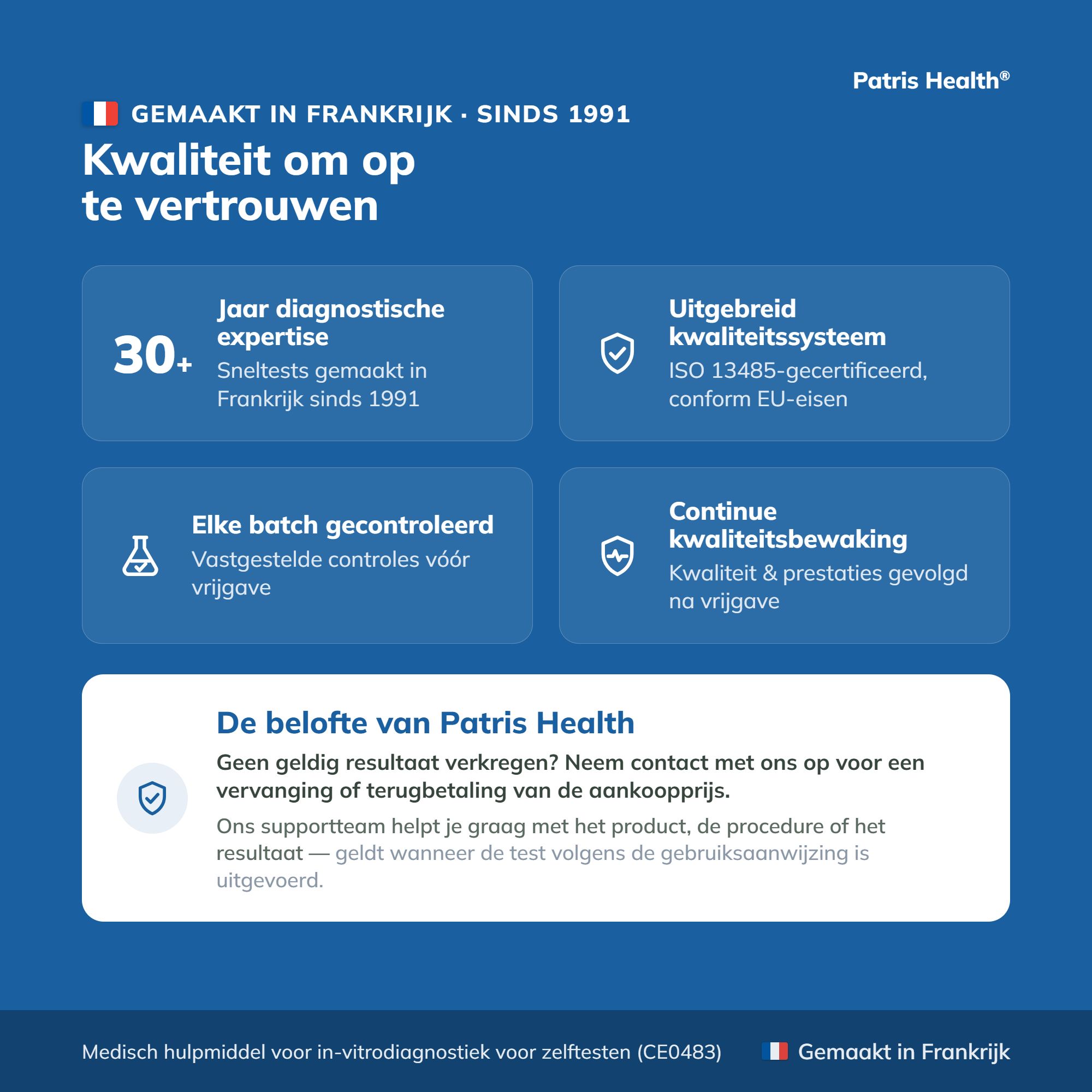 Nederlandse pagina met voorzorgsmaatregelen voor de Strep A sneltest van Patris Health.