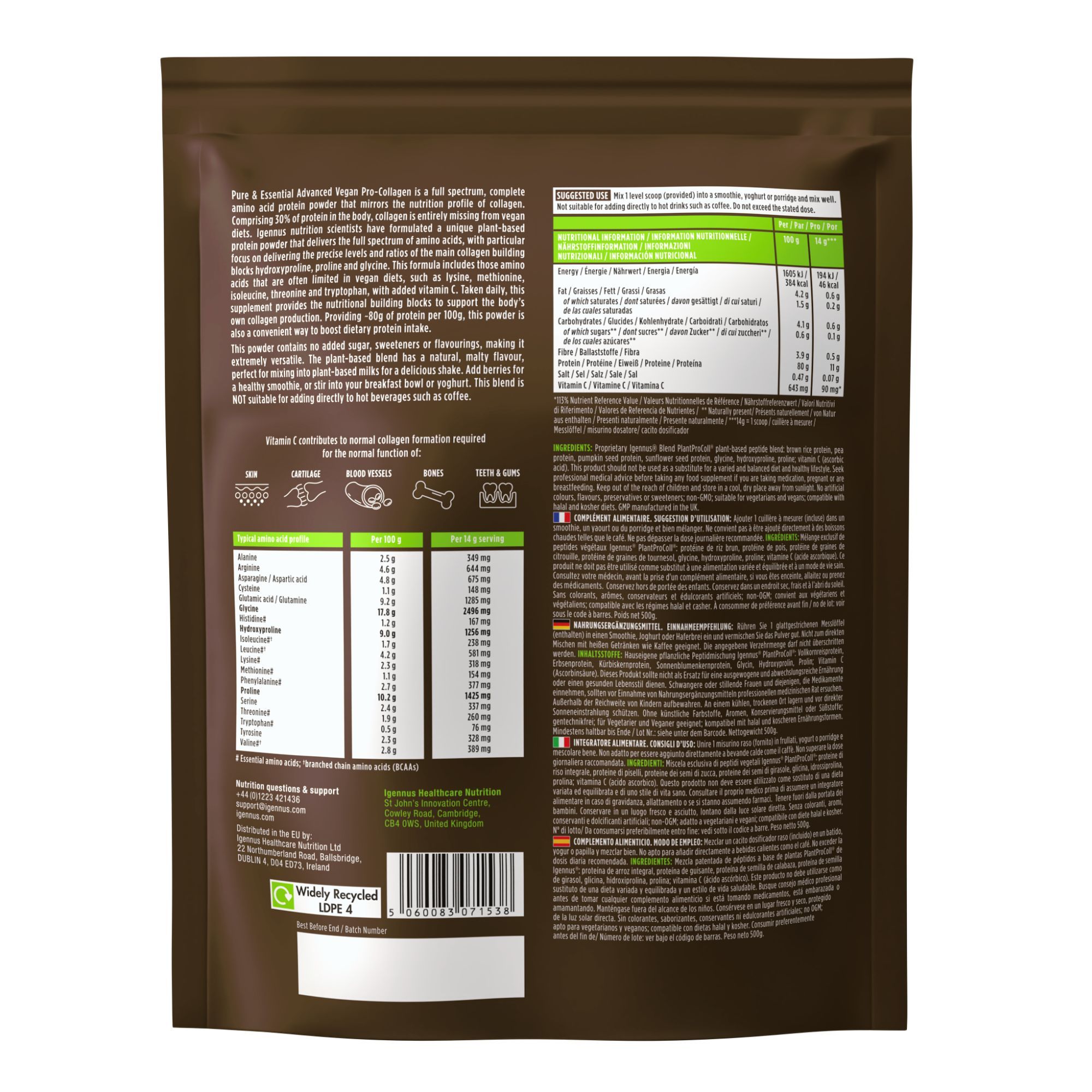 Dos d'un paquet de poudre de collagène végétalienne avec informations nutritionnelles et certifications.