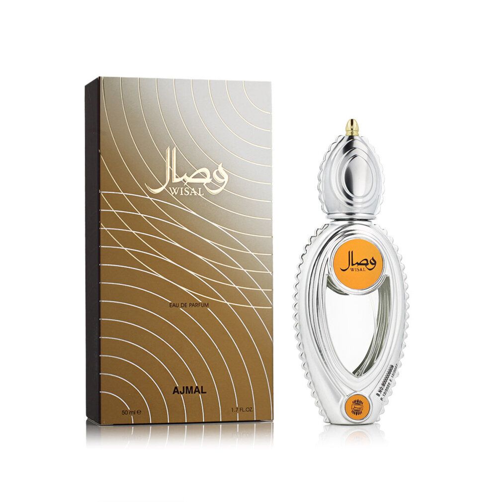 Ajmal Wisal Eau De Parfum Vaporisateur voor dames, zilveren flacon met gouden dop, naast gouden verpakking.