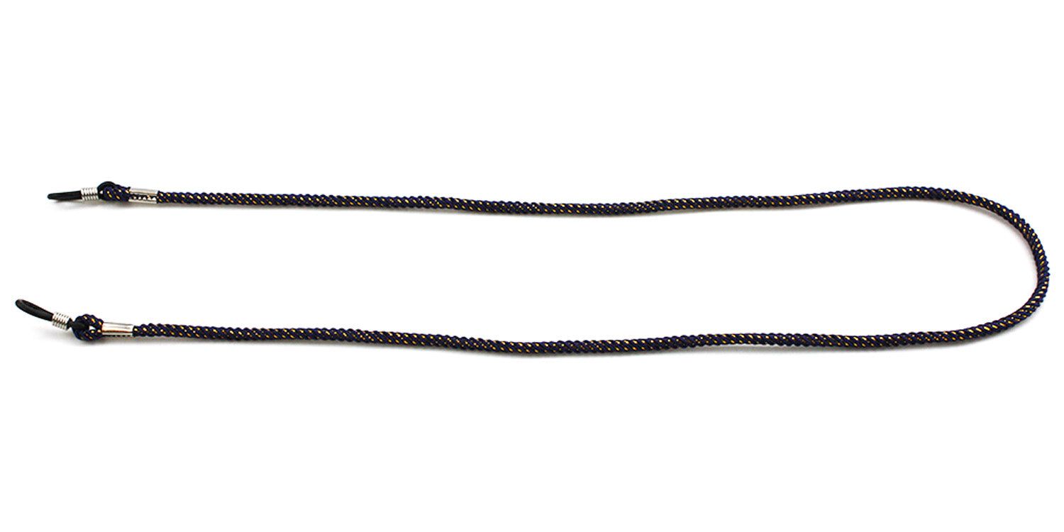 Cordon de lunettes noir. Boucles métalliques pour fixer aux branches. Fond blanc.