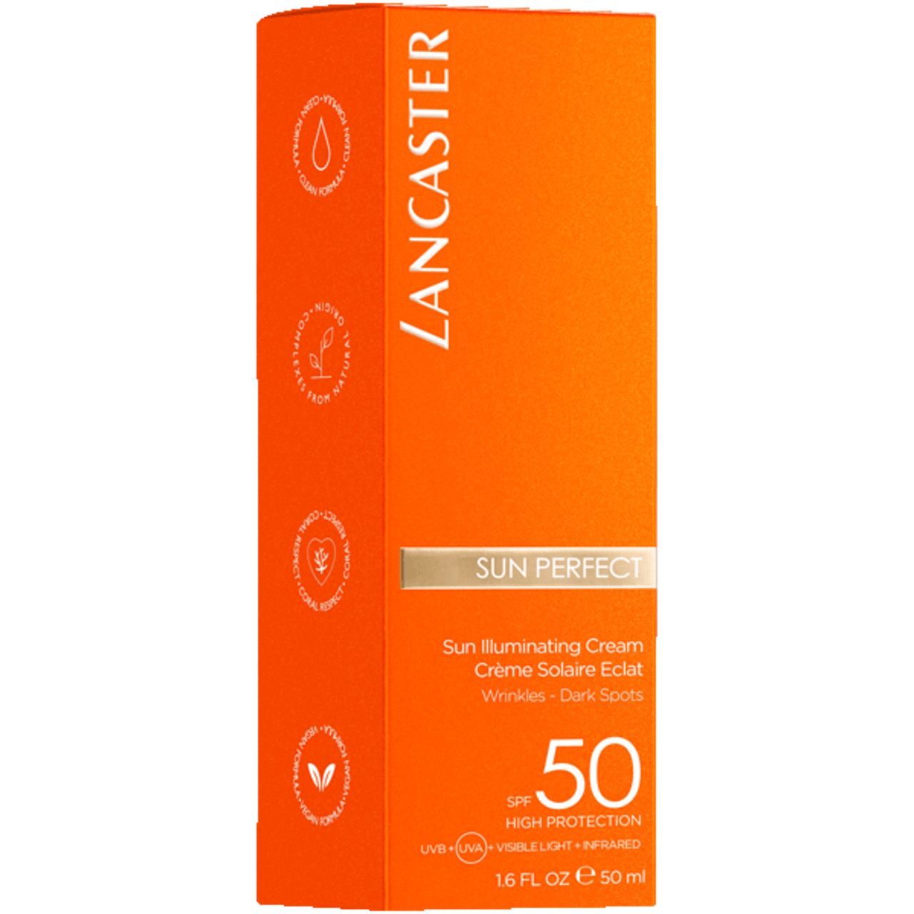 Oranje verpakking met productinformatie. Tekst: Lancaster, Sun Perfect, SPF 50, Crème Solaire Eclat, Wrinkles - Dark Spots.