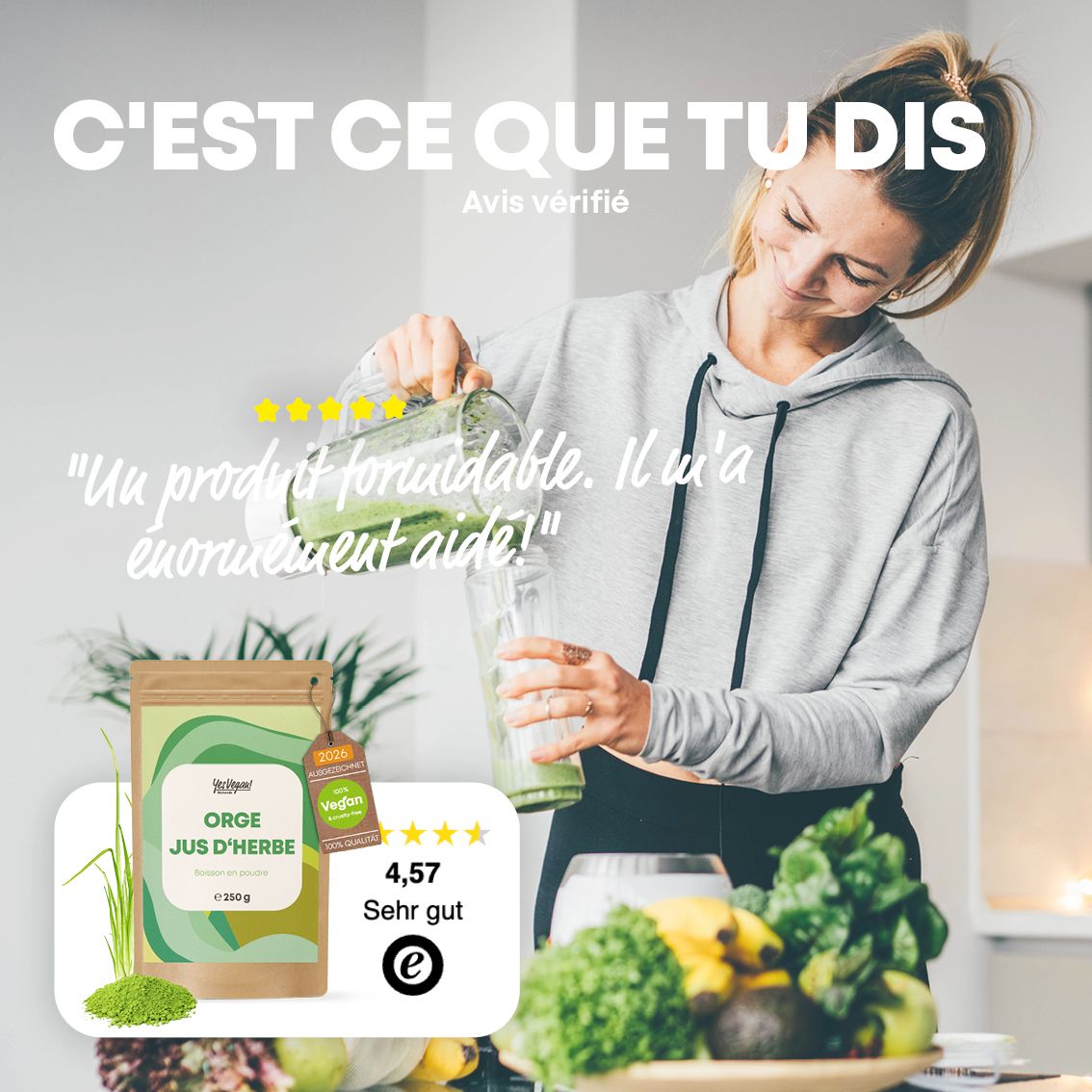 Femme préparant une boisson, emballage produit et avis client.