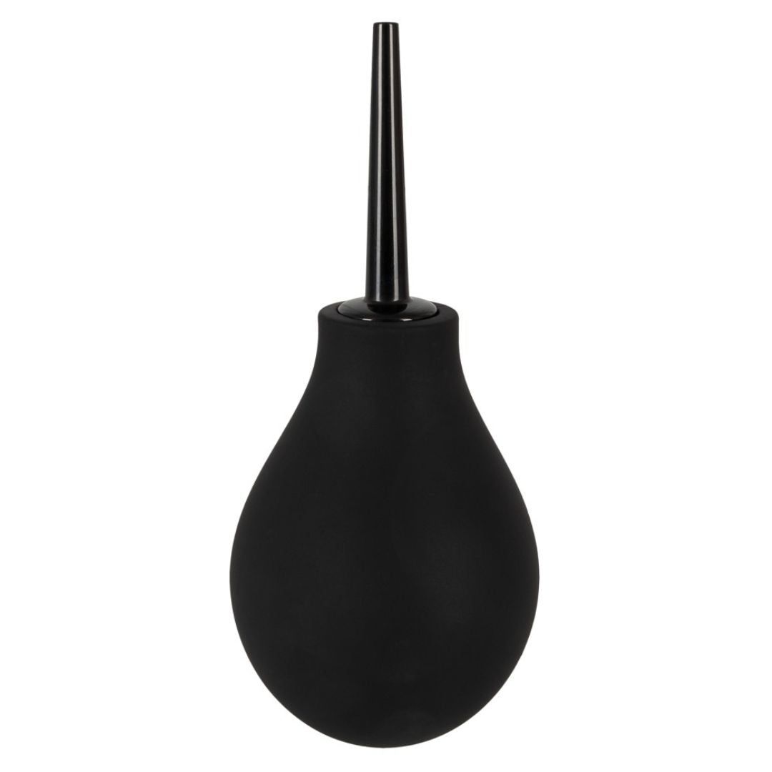 Poire à lavement noire avec embout conique. Corps en forme de poire, surface lisse.