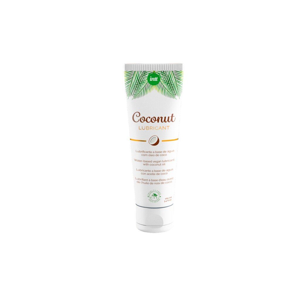 Tube blanc de lubrifiant à la noix de coco, motif de feuilles en haut.