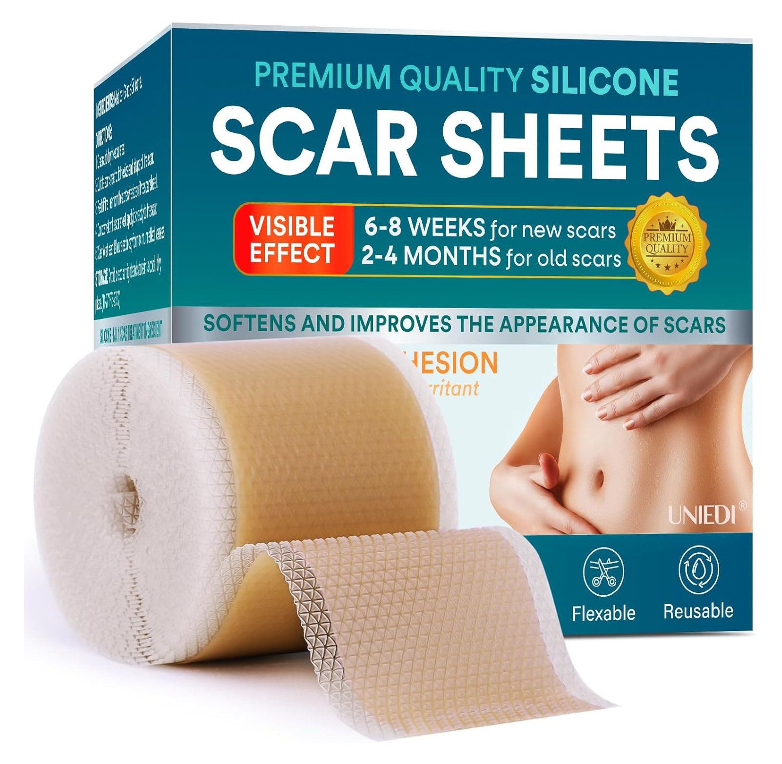 Productverpakking: Premium siliconen littekenpleisters. Rol verband, doos met informatie.