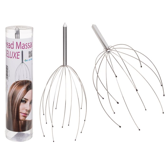 Hoofdmassageapparaat en verpakking. Opdruk: 'Head Massager DELUXE'. Afbeelding van een vrouw. Tweede apparaat ernaast.