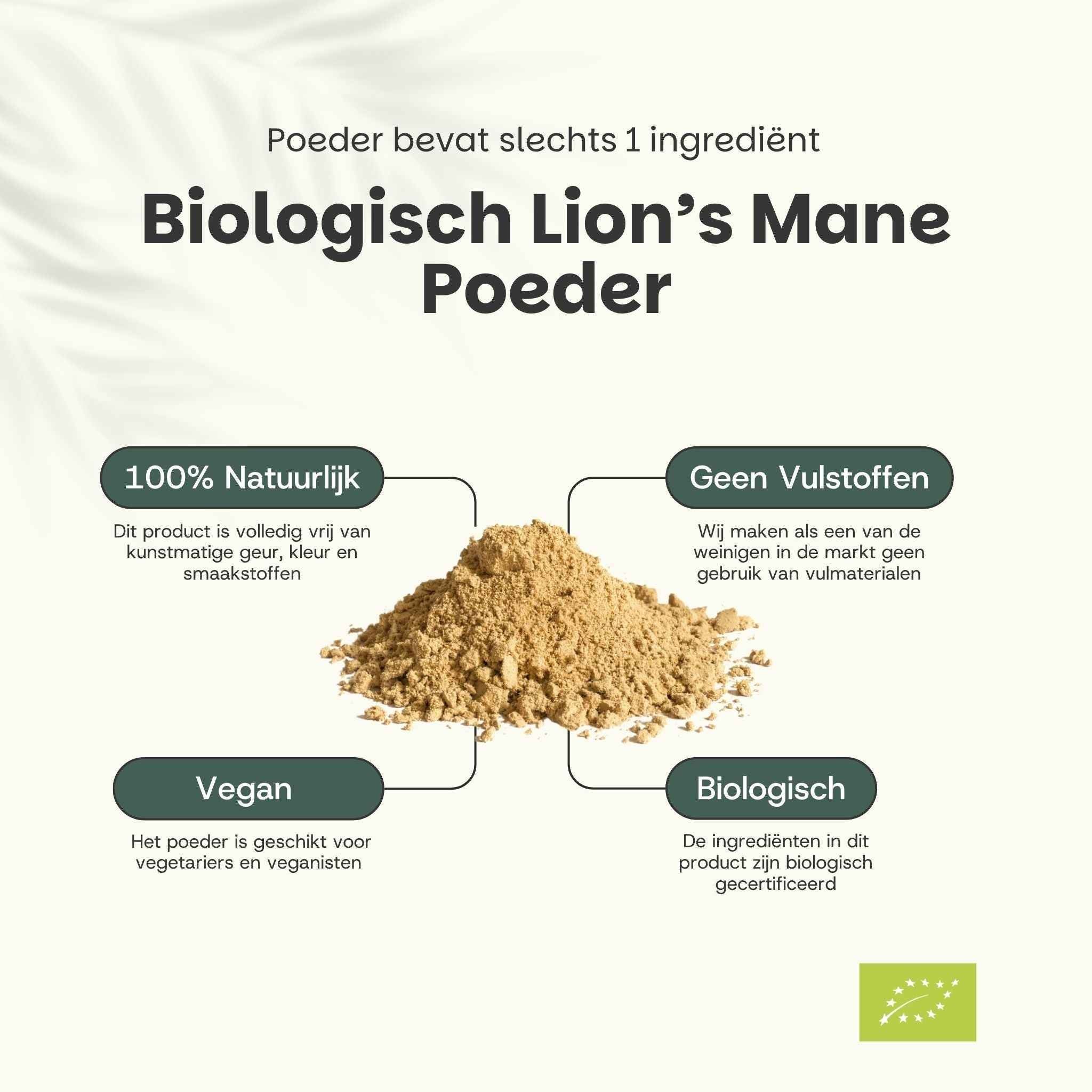 Tekst met poederhoop. Tekst: Biologische Lion's Mane poeder. 100% natuurlijk, geen vulstoffen, vegan, biologisch.
