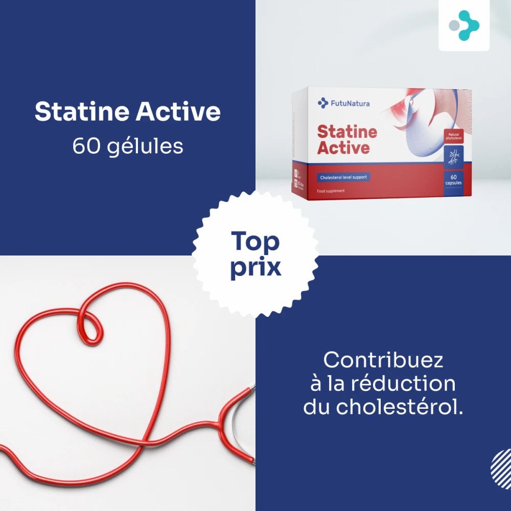 Image publicitaire avec FutuNatura Statine Active. 60 gélules. Avec vitamines B1 et B2 pour la fonction cardiaque. Fond bleu.