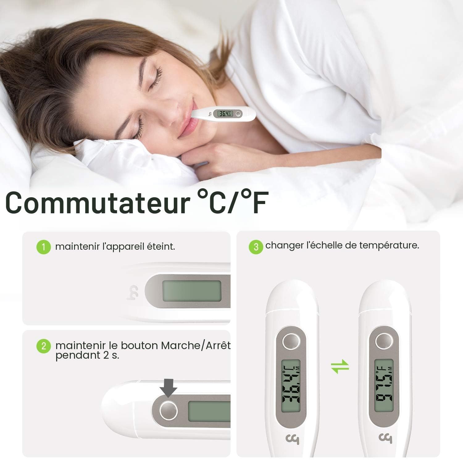 Thermomètre numérique affichant la température en Celsius et Fahrenheit.