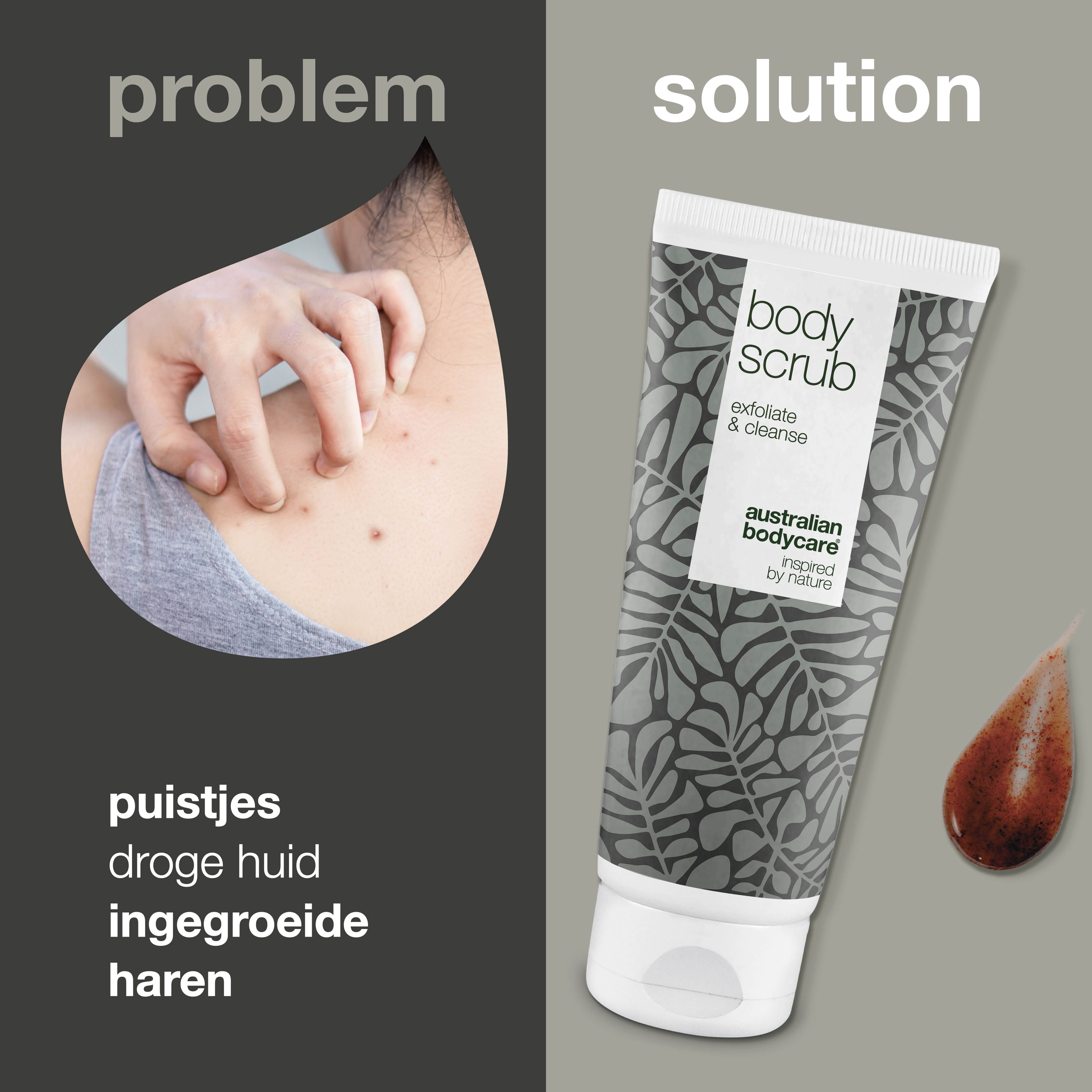 Grafiek: probleem en oplossing. Tube body scrub, puistjes, onzuivere huid, ingegroeide haren, mee-eters. Australian Bodycare.