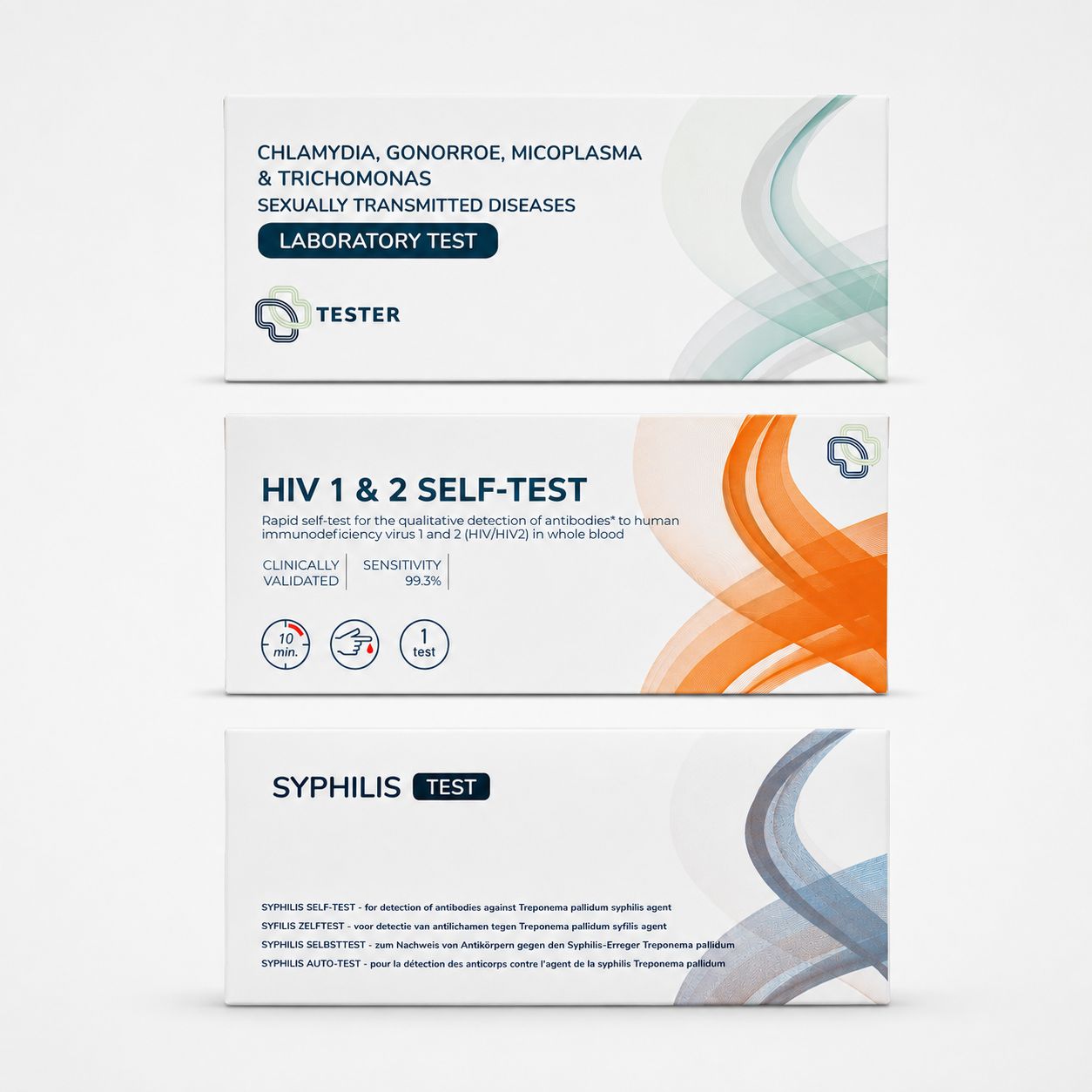 Drie testkits voor SOA's: Chlamydia, Gonorroe, Mycoplasma, HIV en Syfilis.