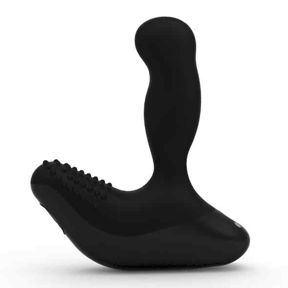 Produit de bien-être noir, de forme incurvée, avec zone texturée. Sur fond blanc.