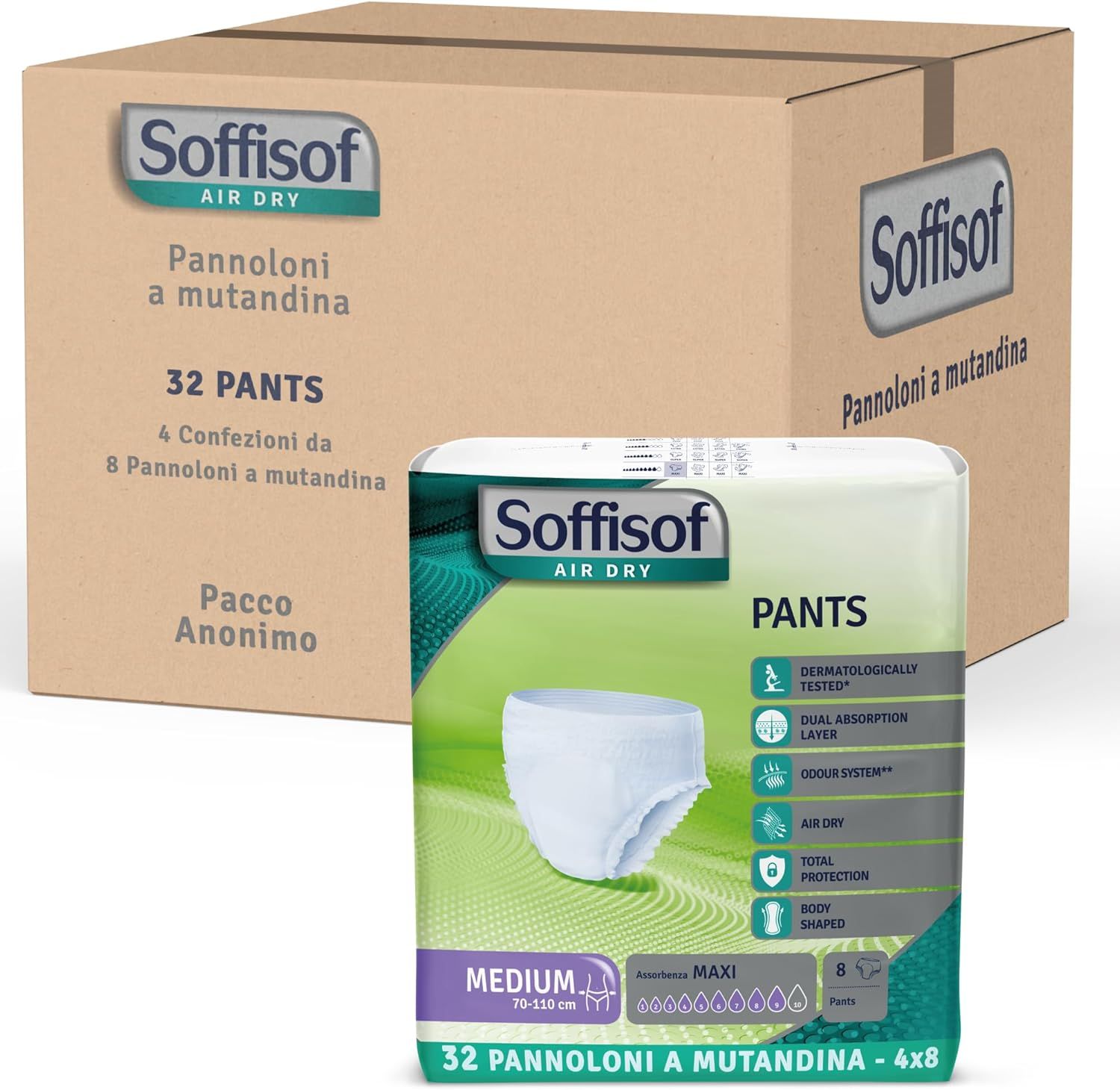 Soffisof Pants Maxi. Verpakking en doos. Medium, 70-110 cm. 32 stuks. Anonieme verpakking.