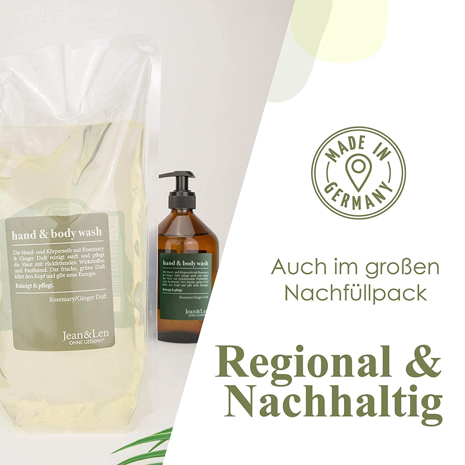 Recharge et flacon de savon pour les mains. Texte : Regional & Nachhaltig, Made in Germany, Hand & Body Wash.