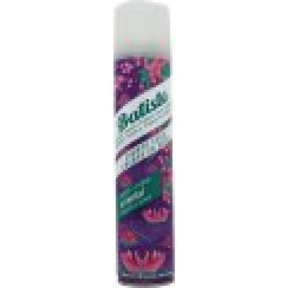Droogshampoo spray. Paarse basis met bloemenpatroon. Tekst: Batiste Dry Shampoo Oriental.