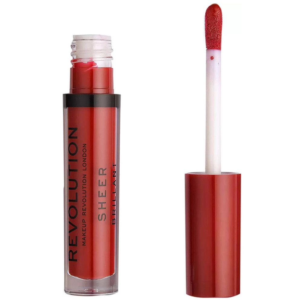 Tube de gloss rouge avec applicateur. Inscription: REVOLUTION, SHEER, BRILLANT.