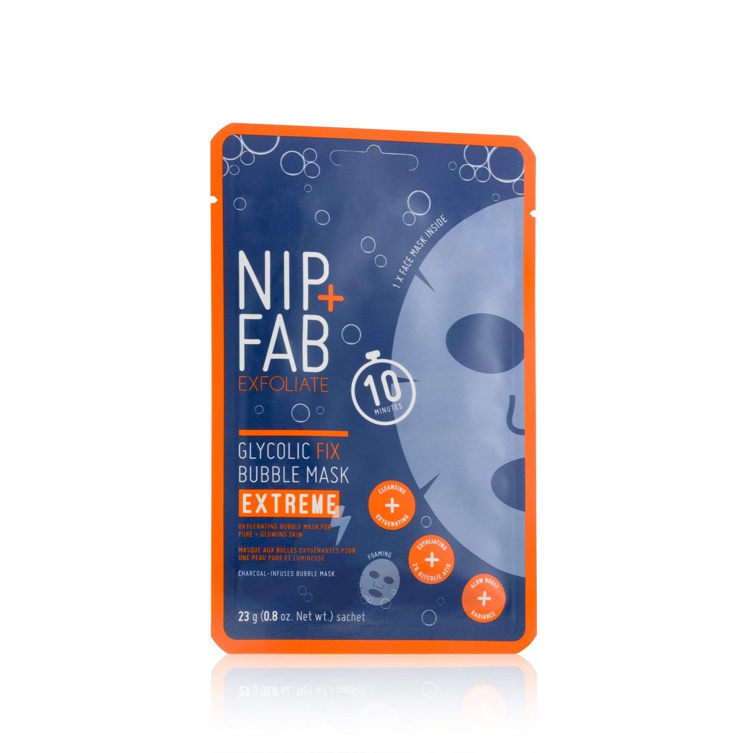 Sachet de masque visage Nip+Fab Glycolic Acid Fix Extreme. Emballage bleu et orange avec nom et logo du produit. Contient un masque facial.